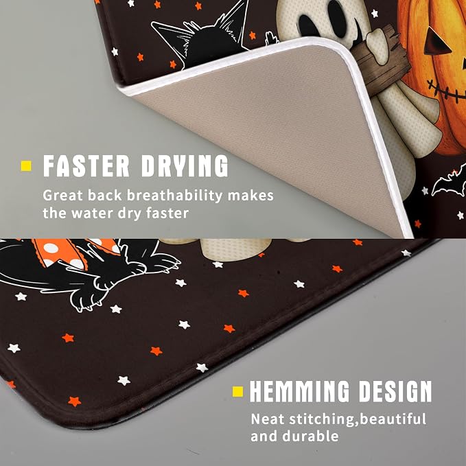 Giwawa 16"x18" Halloween Dish Drying Mat Spooky Pumpkin Ghost Black Cat Bats - Image 3