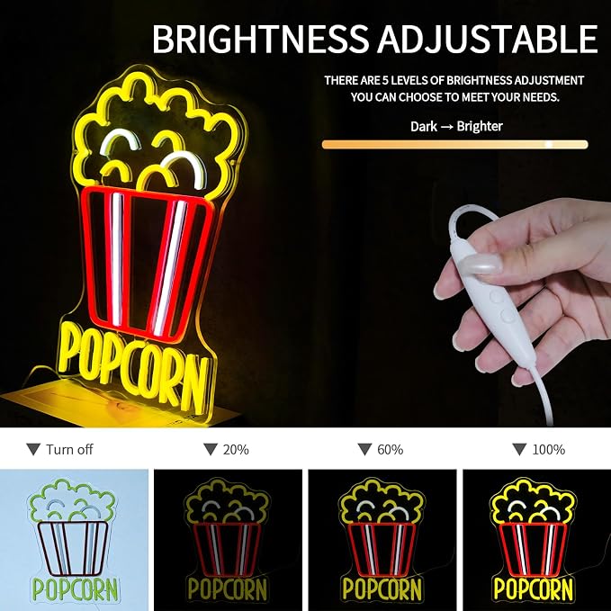 Popcorn Neon Sign for Wall Decor Dimmable Food Led Lights Signs Snacks Led - Image 4