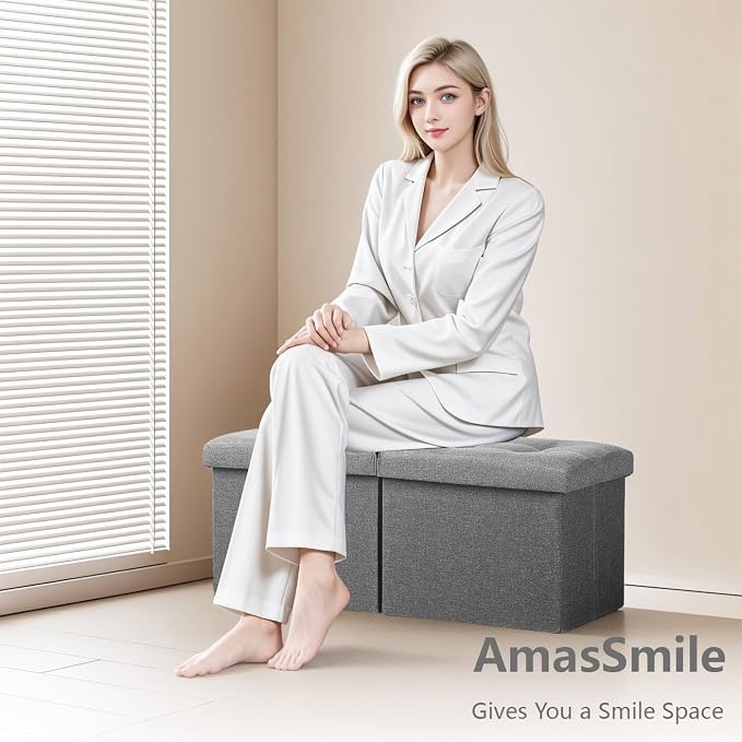 AmasSmile Storage Bench Folding Ottoman Foot Rest Stool, 34 inch Grey Linen - Image 7