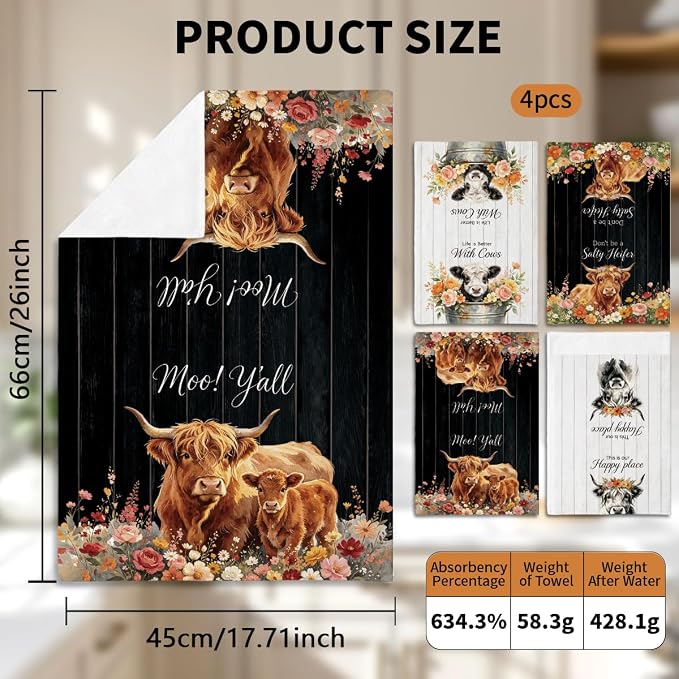 MAYJOYDIY 4 Pcs Highland Cattle Kitchen Towels Farmhouse Western Cow Microfiber - Image 3