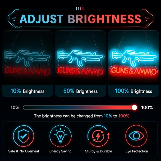 Guns & Ammo Neon Sign, Rifle Shaped Dimmable Dual Color LED Wall Decor - Image 4
