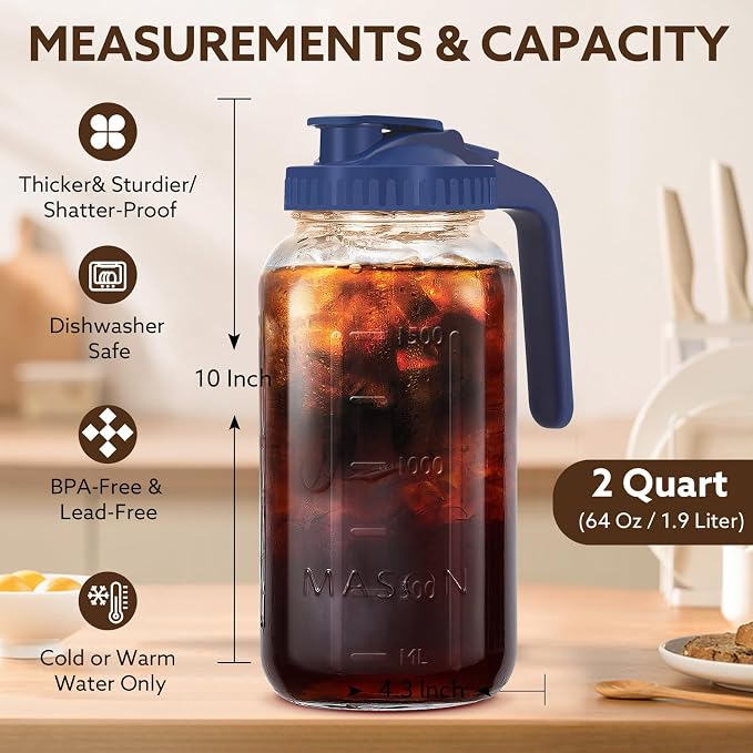 Mihlapi Glass Pitcher with Lid, 64 OZ Mason Jar Pitcher Double Leak Proof - Image 4