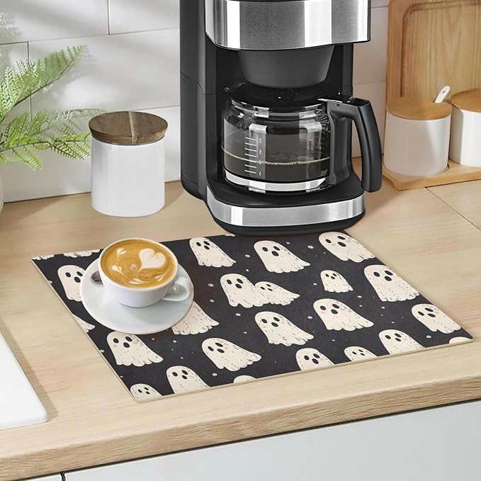 Cute Halloween Ghost Black Coffee Mat Coffee Bar Maker Backed Absorbent Nonslip - Image 5