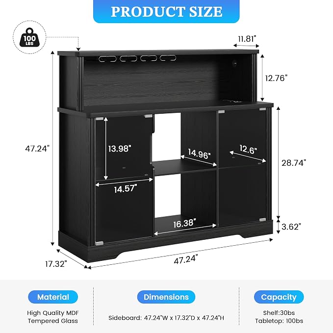 47'' Wine Bar Cabinet with Mini Fridge Space & Charging Station, Coffee Bar - Image 2