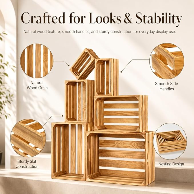 Wooden Crates for Display 6 Pack, Rustic Nesting Wooden Crate Set | 6 Size pine - Image 3