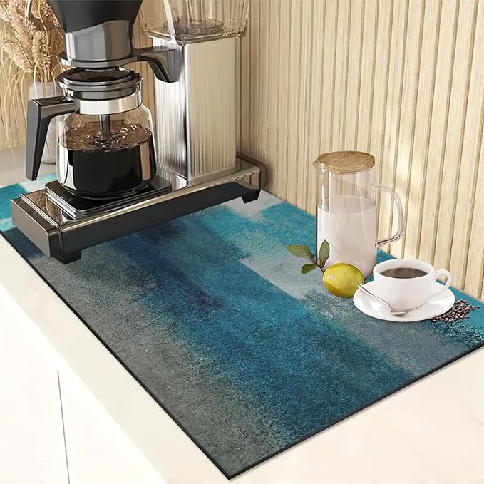 Arttown Coffee Mat for Countertops, Teal White Grey Abstract Modern Dish Drying - Image 2