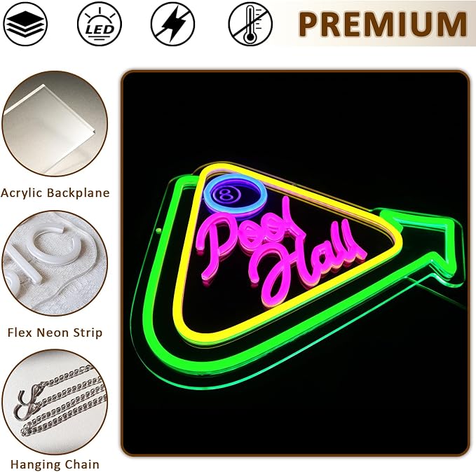 Pool Hall Neon Sign for Wall Decor, Billiards Led Signs for Business, USB - Image 6