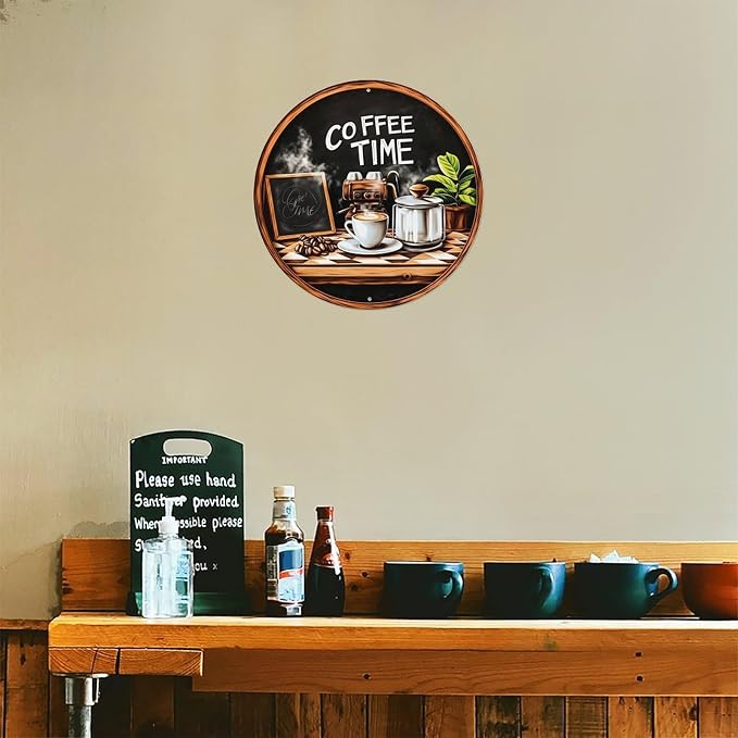 Coffee Time Chalkboard Coffee Maker Cup Beans Plant Round Tin Sign Vintage - Image 5