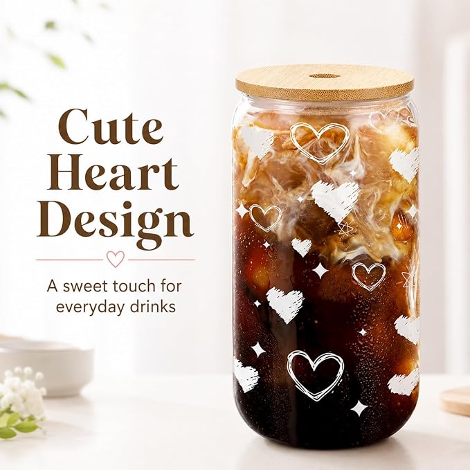 Glass Cup with Lid and Straw, 16 oz Cute Iced Coffee Cup with Heart Design - Image 3