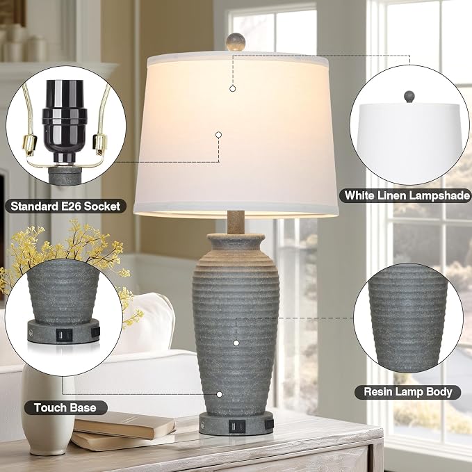 CINSARY 25" Grey Farmhouse Jar Table Lamps, 3 Way Touch Control Rustic Bedside - Image 6