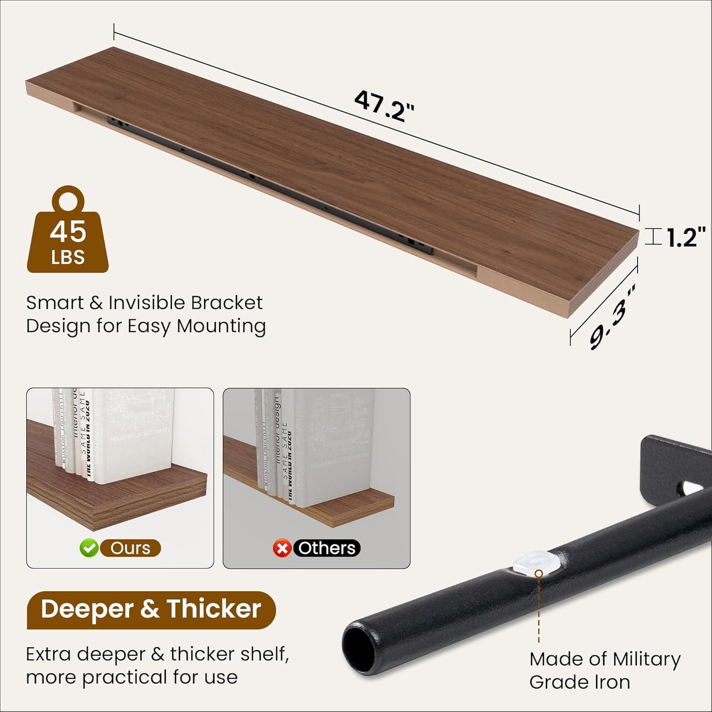 Fun Memories 48 Inch Deep Floating Shelves for Wall, 2 Pack of Long Wall Mounted Wood Shelves with Invisible Brackets for Bathroom, Bedroom, Living Room, Kitchen Decor and Storage, Walnut
