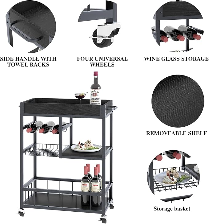 Bar Cart with Basket 3 Tiers Home Rolling Wine Rack with Wheels Mobile Kitchen - Image 8