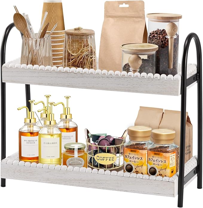2 Tier Coffee Bar Organizer, Wood Coffee Bar Accessories Shelf by BDBDYEAY