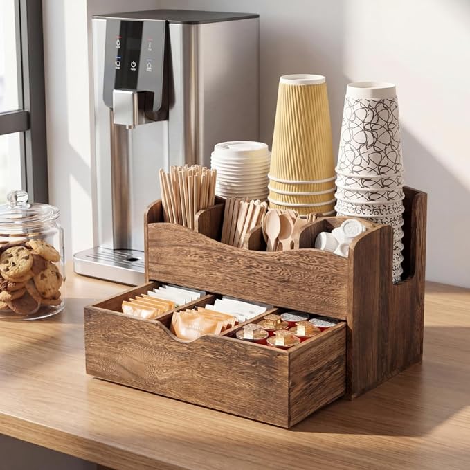 Coffee Station Organizer, Wood Countertop Coffee Bar Supplies Caddy - Image 2