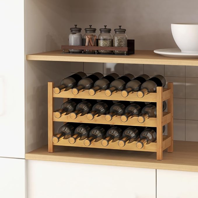 Giantex Bamboo Wine Rack, 3-Tier 18 Bottle Storage Cabinet Shelf, Small Bottle - Image 9