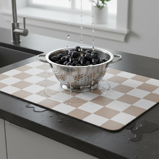 1-Piece Checkered Dish Drying Mat, Absorbent ​Kitchen Counter​ Protector - Image 2