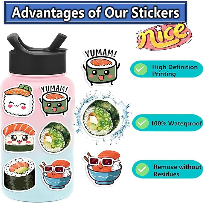 50pcs Cute Sushi Stickers for Kids, Kawaii Food Stickers for Water Bottle - Image 4