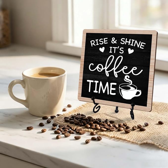 Rustic Coffee Bar Decor, Rise & Shine It's Coffee Time Wood Plaque - Image 5