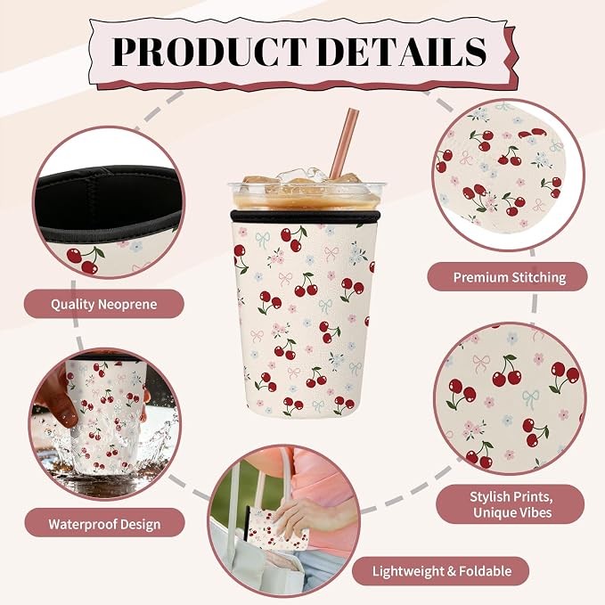 Cute Cherry Bow Iced Coffee Cup Sleeve 3 Pack, Sweet Feminine Reusable Neoprene - Image 4