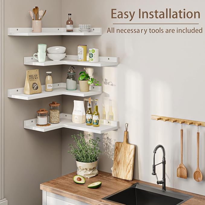 4 Tier Floating Corner Shelves White Set of 4, Rustic Pine Wooden Floating - Image 4