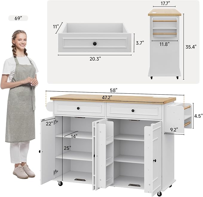 ONBRILL 58" Mobile Kitchen Island, Kitchen Island Cart - Image 2