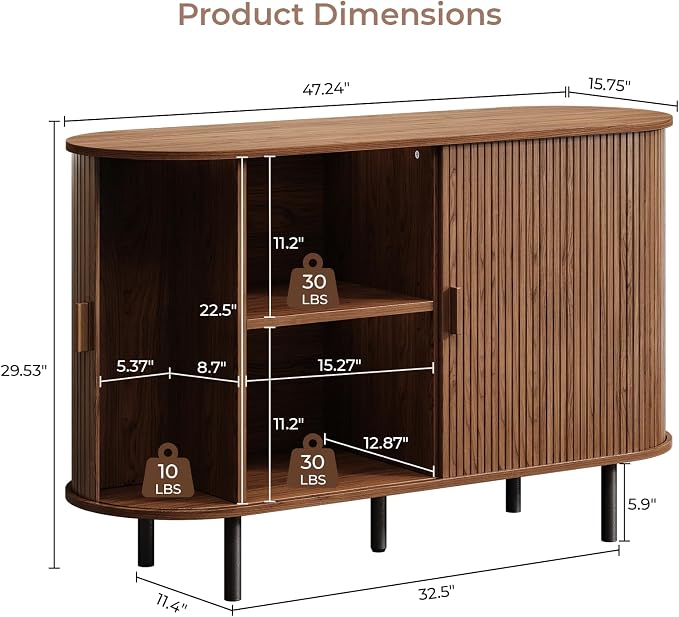 Buffet Cabinet with Storage, Fluted Sideboard Buffet with Sliding Door - Image 2