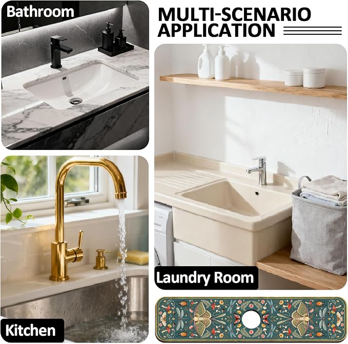 2 Pcs Kitchen Sink Splash Guard Faucet Mat Vintage Green Insects and Plants - Image 7