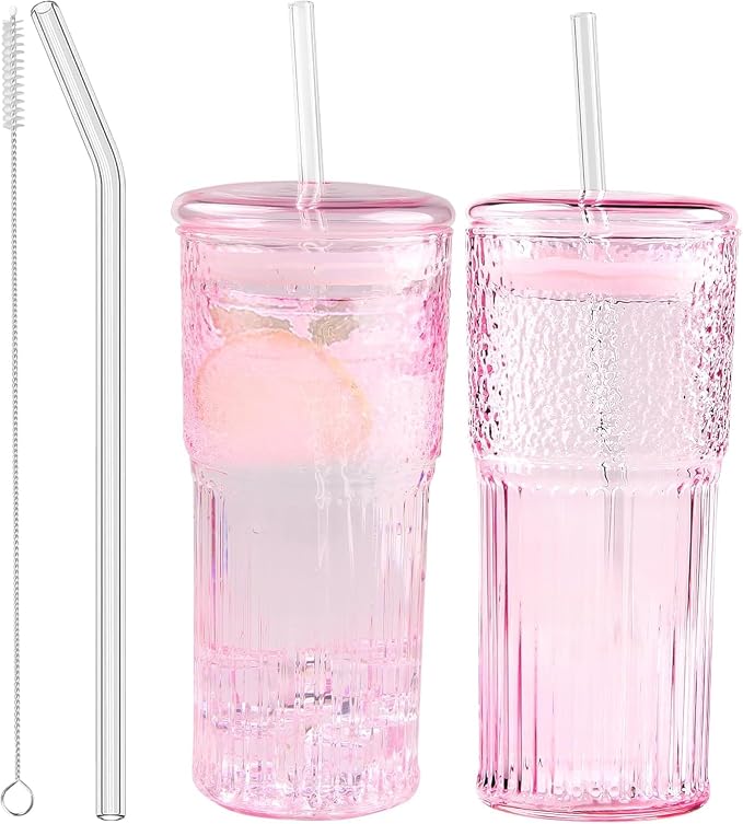 JunVpic Glass Coffee Cups with Lids and Straws, 20 OZ Pink Iced Water Glasses by Junvpic