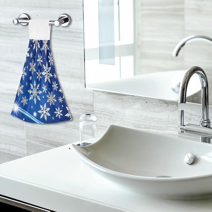 Winter Blue Snowflakes Kitchen Hanging Towel White Snow Hand Fingertip Bath Tie - Image 6