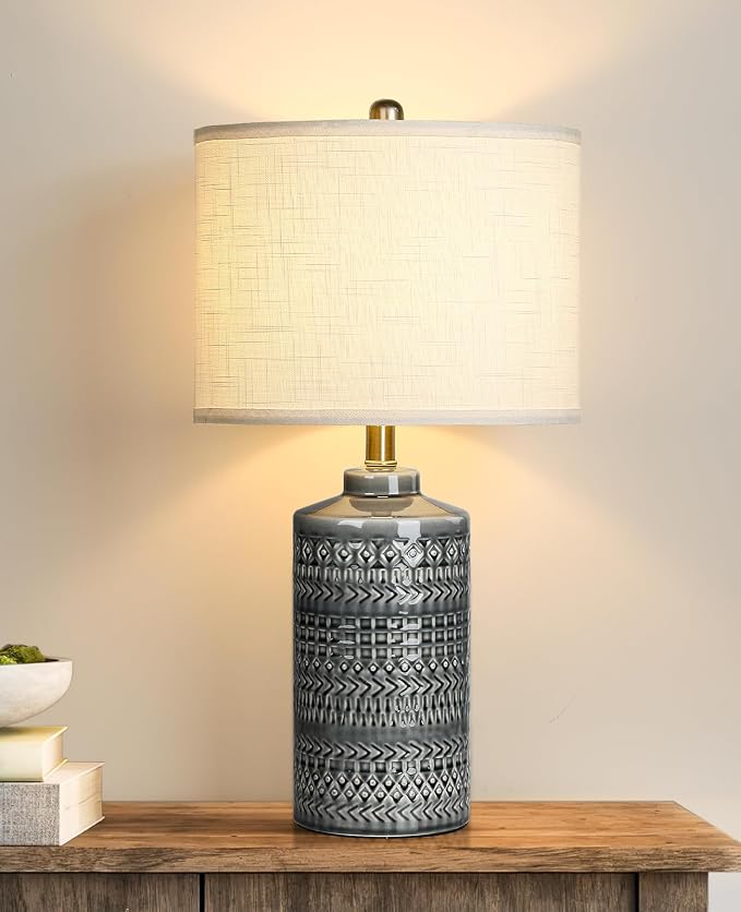 Modern Ceramic Table Lamp, 24.5" Living Room Lamps 3-Way Dimmable Gray by JUNNAI
