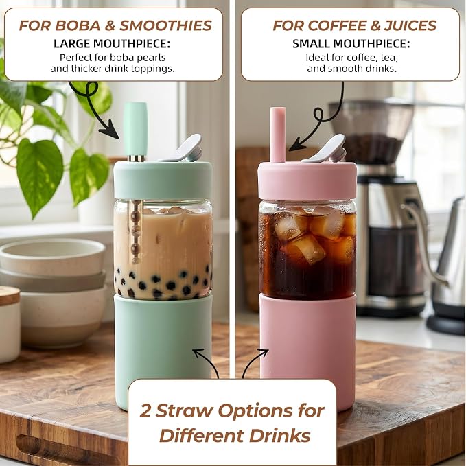 Zenbo 20 oz Glass Tumbler with Silicone Lid & Straws, Borosilicate Glass Cup - Image 5