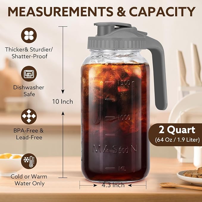 Mihlapi Glass Pitcher with Lid, 64 OZ Mason Jar Pitcher Double Leak Proof - Image 4