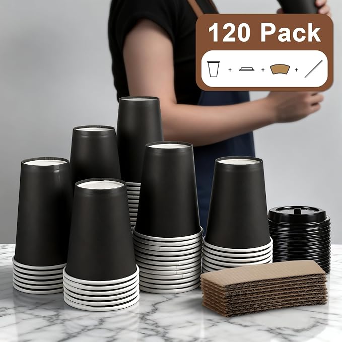 RAZCC 120 Pack 12 oz Paper Coffee Cups Set, Disposable Black Coffee Cups - Image 6