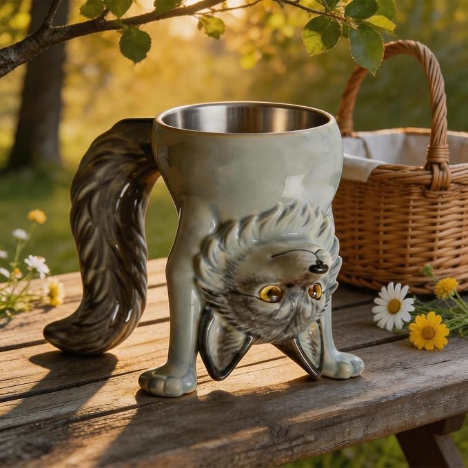 2-IN-1 Gray Wolf Coffee Mug – Funny 3D Animal Novelty Cup Unique Inverted - Image 7