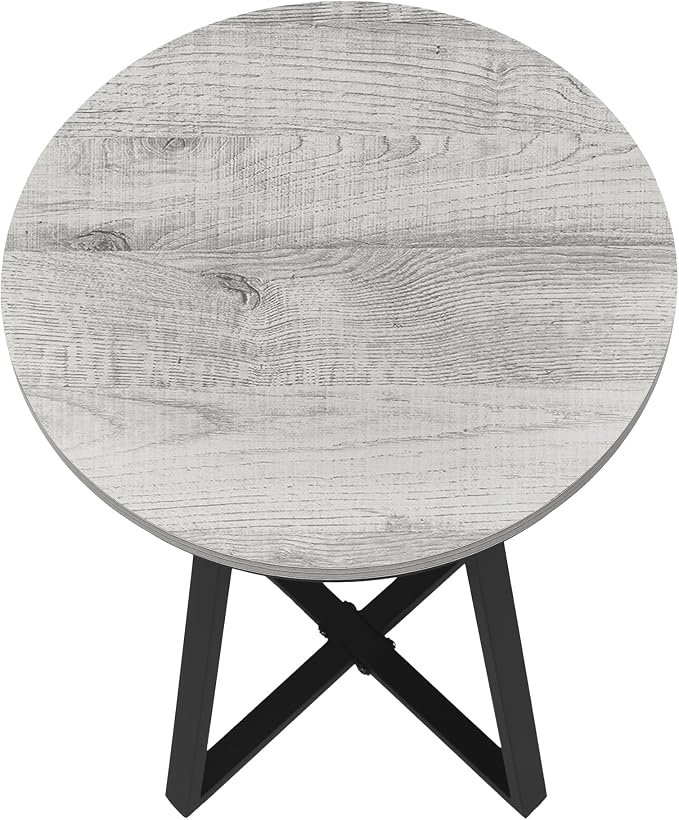 Round End Table with Grey Wood-Look Top and Black Metal X-Base, Modern Side - Image 8
