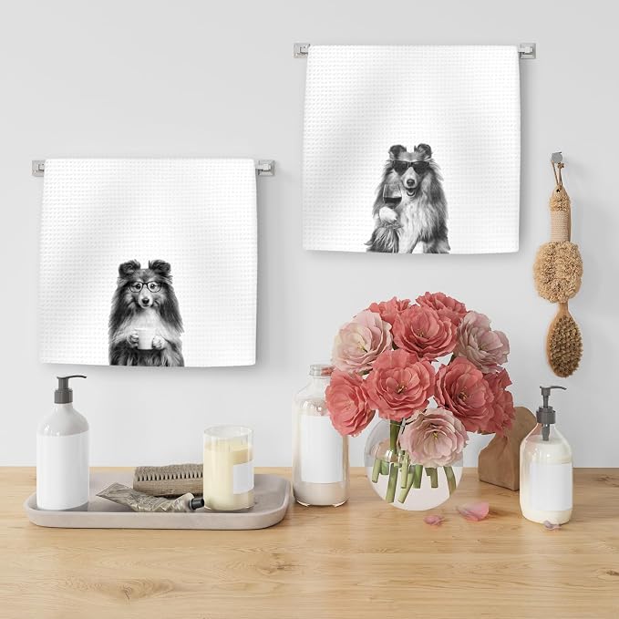 Sheltie Gifts Coffee Wine Kitchen Towels Set of 2, Coffee Dog Dish Tea Towel - Image 5