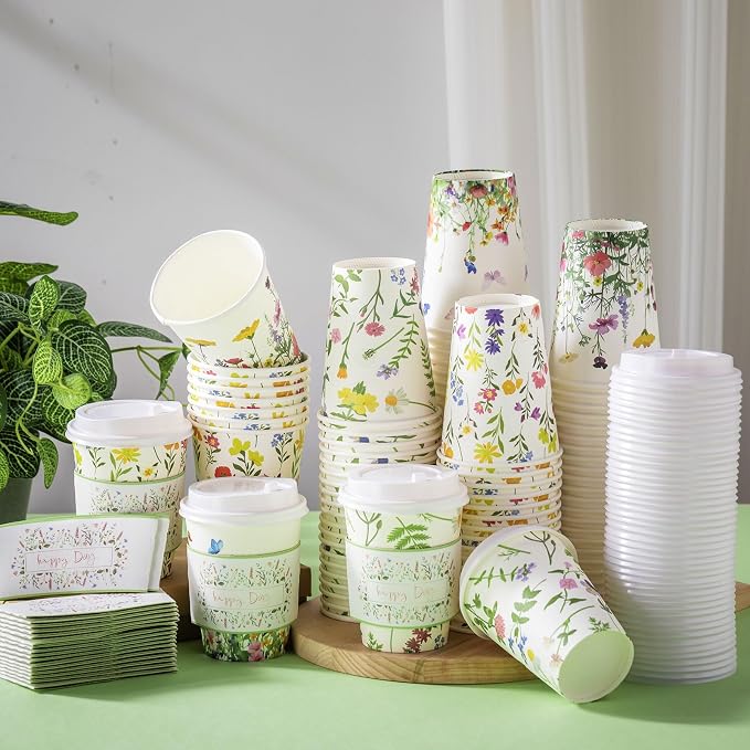 Remerry 100 Pcs 12oz Floral Disposable Coffee Cups - Image 2