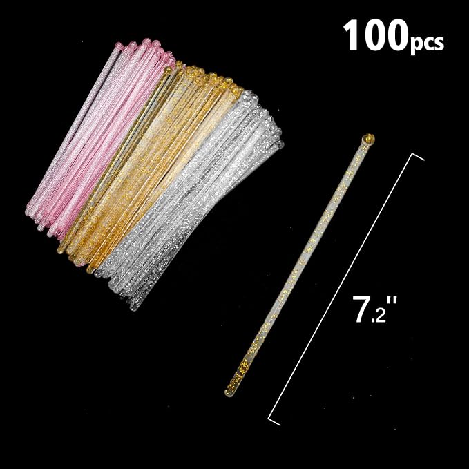 hapray 100-PCS Gold Pink Silver Glitter Plastic Swizzle Sticks, Crystal Cake - Image 6