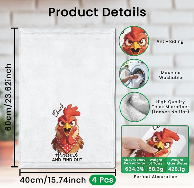 CUTHOLLOW Humorous Words & Chicken Decorative Kitchen Towels Set of 4, - Image 2