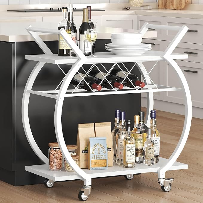 LVB White Bar Cart, Modern Rolling Serving Wine Cart - Image 7