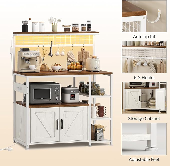 TVU Bakers Rack with Power Outlet and LED Light, Microwave Stand with Storage - Image 9