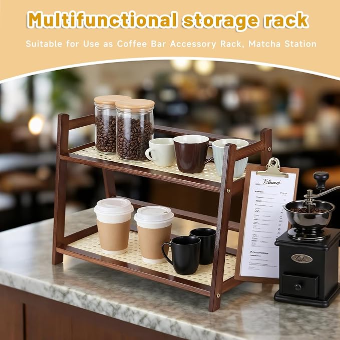Bamboo Cup Shelf Organizer, 2-Tier Mug Holder Countertop, Matcha Stand Tea - Image 3