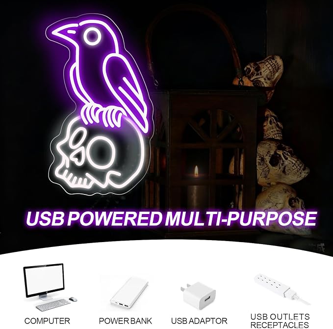 Raven on Skull Neon Sign, Halloween Decor, Man Cave, Dark Aesthetic Gift - Image 5