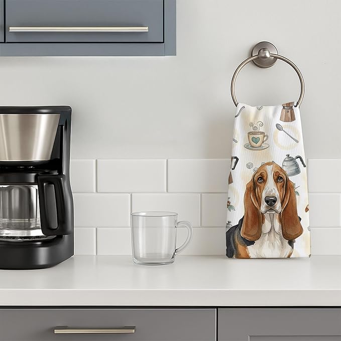 Caroline's Treasures Tricolor and White Basset Hound Coffee Bar Kitchen Towel - Image 3