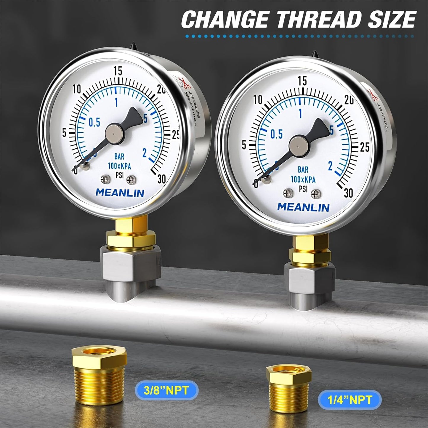 MEANLIN MEASURE 0~30Psi Dry Low Pressure Gauge Stainless Steel 1/8" NPT 2" FACE DIAL Waterproof for Pool Sand Filter Water Oil Air Pressure Test Lower Mount, with 1/4" NPT and 3/8" NPT Hex Bushing
