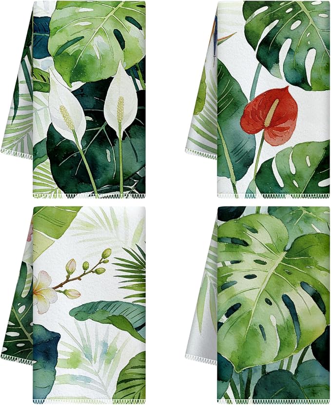 CUTHOLLOW Tropical Plants Decorative Kitchen Towels Set of 4, 25.98"x17.72" by CUTHOLLOW