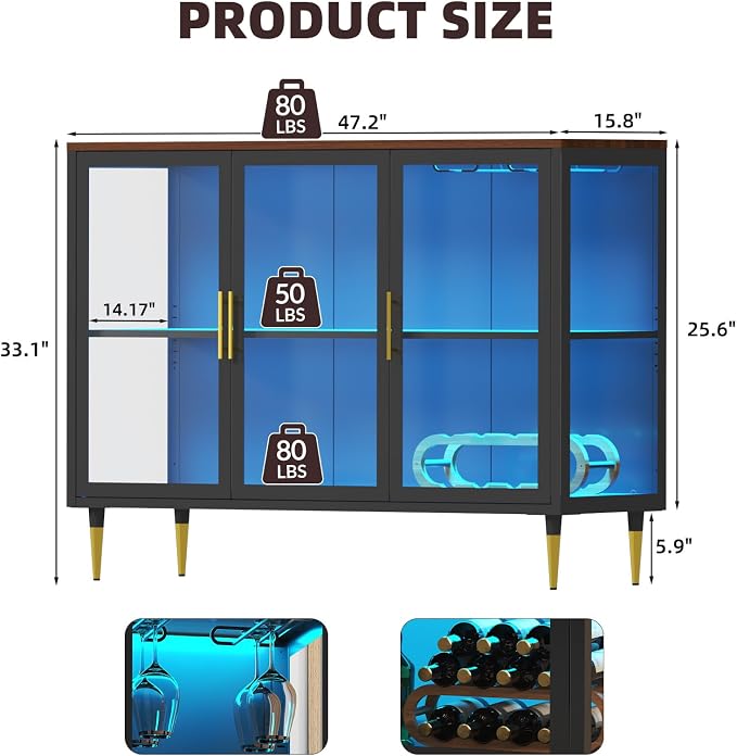 Wine Bar Cabinet with LED Lights, Metal Wood Home Coffee Bar Cabinet with Glass - Image 2