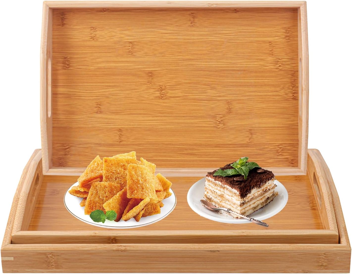 3 PCS Bamboo Serving Tray, 3 Size Nested Breakfast Bed Tray with Handle, Wood Serving Tray for Serving, Breakfast Bed Trays for Eating, Decor, Displaying Cake, Fruit