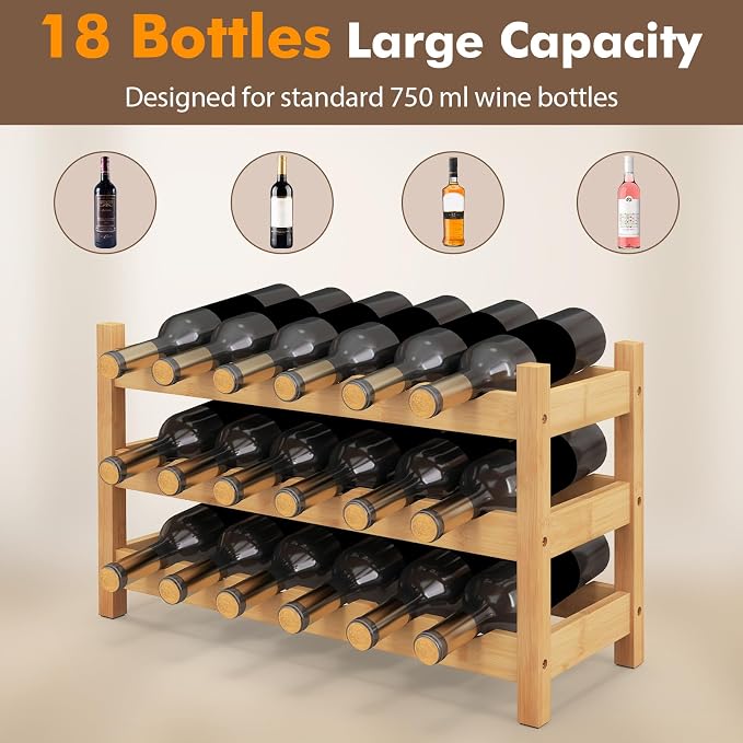 Giantex Bamboo Wine Rack, 3-Tier 18 Bottle Storage Cabinet Shelf, Small Bottle - Image 3
