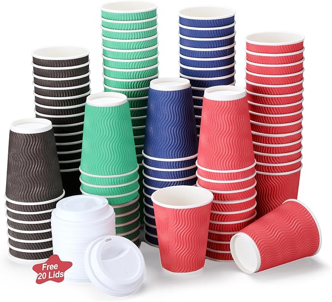 Disposable Wavy Insulated Cups, 12 Ounce, 20 Bonus Lids, by COOLCAP